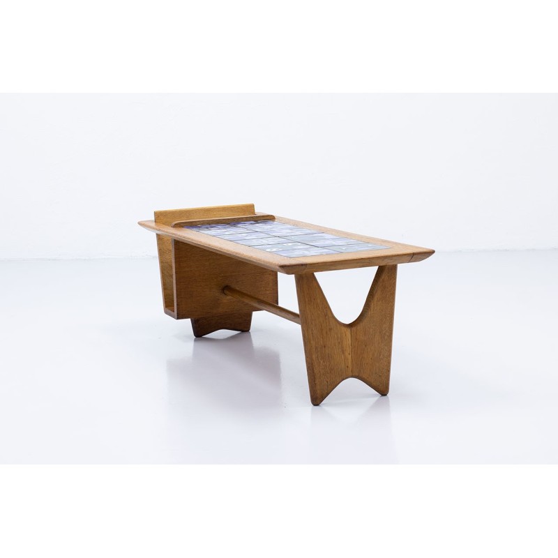 Mesa de café em madeira de carvalho vintage e cerâmica de Robert Guillerme e Jacques Chambron