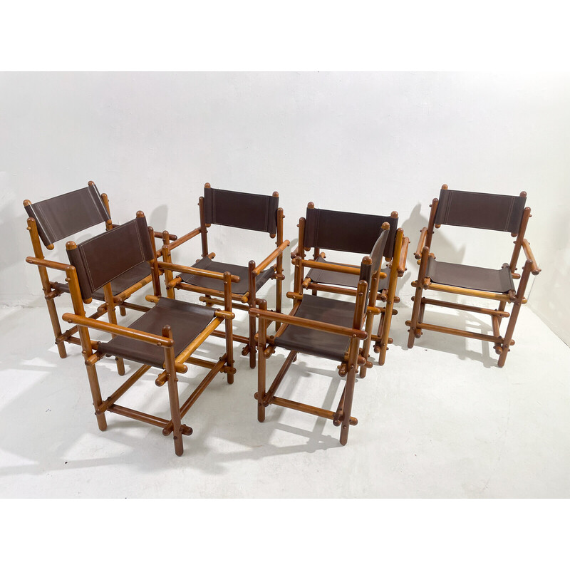 Set of 6 mid-century Italian wood and leather chairs, 1960s