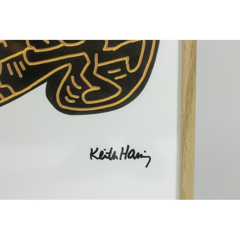 Serigrafía vintage con marco de roble de Keith Haring, América 1990