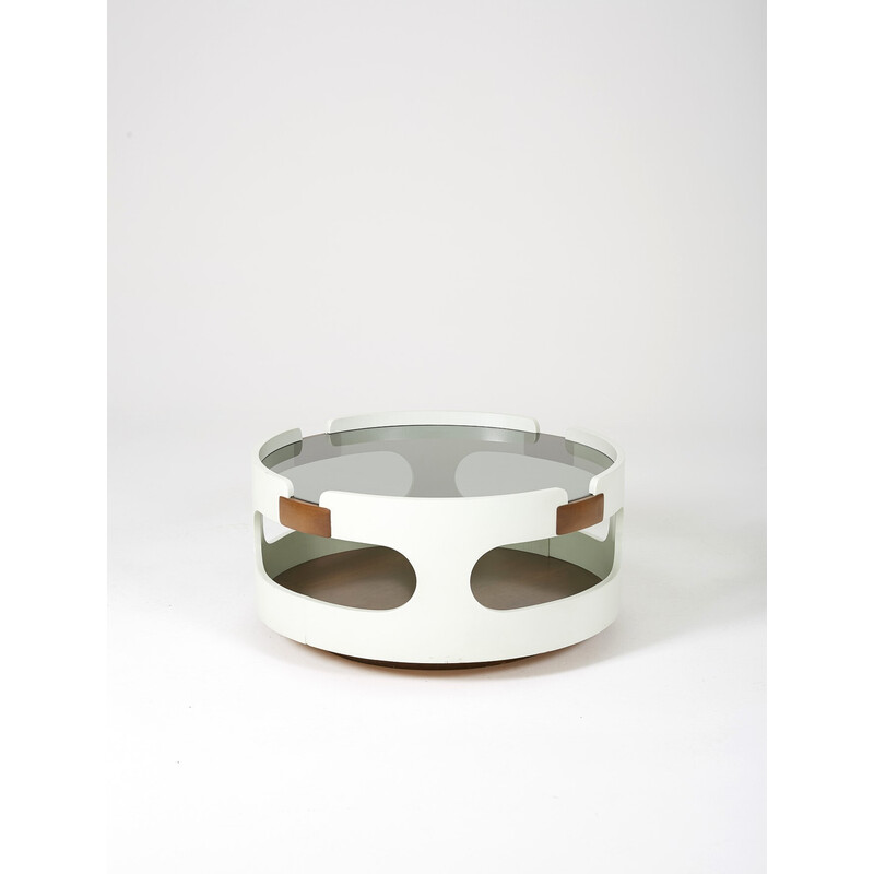 Vintage coffee table in white wood, ash and smoked glass by Joe Colombo, Italy 1960s