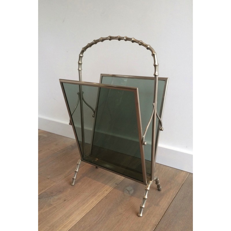 Vintage magazine rack in silvered bronze and bluish glass by Maison Baguès, France 1940s