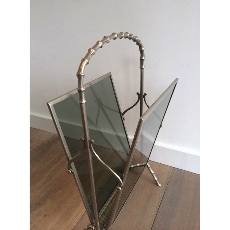 Vintage magazine rack in silvered bronze and bluish glass by Maison Baguès, France 1940s
