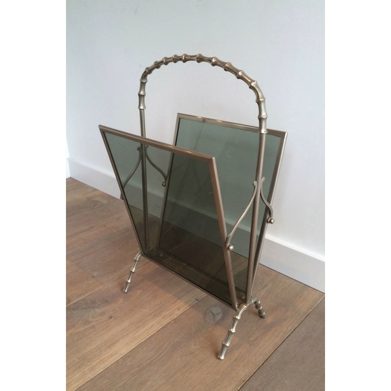 Vintage magazine rack in silvered bronze and bluish glass by Maison Baguès, France 1940s