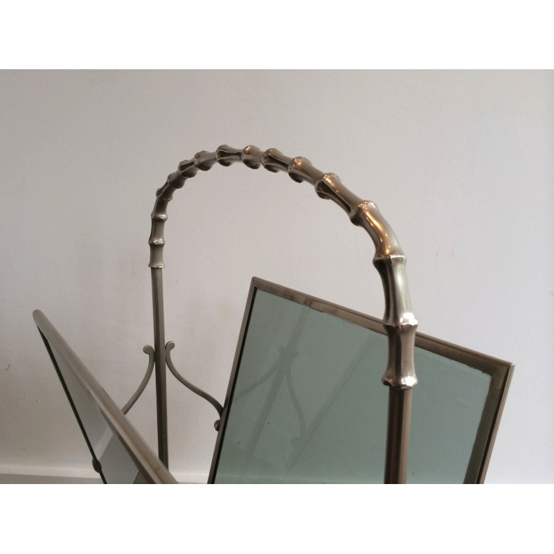 Vintage magazine rack in silvered bronze and bluish glass by Maison Baguès, France 1940s