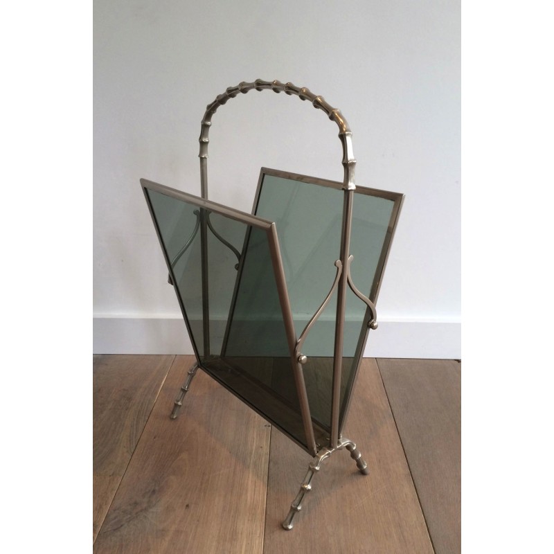 Vintage magazine rack in silvered bronze and bluish glass by Maison Baguès, France 1940s