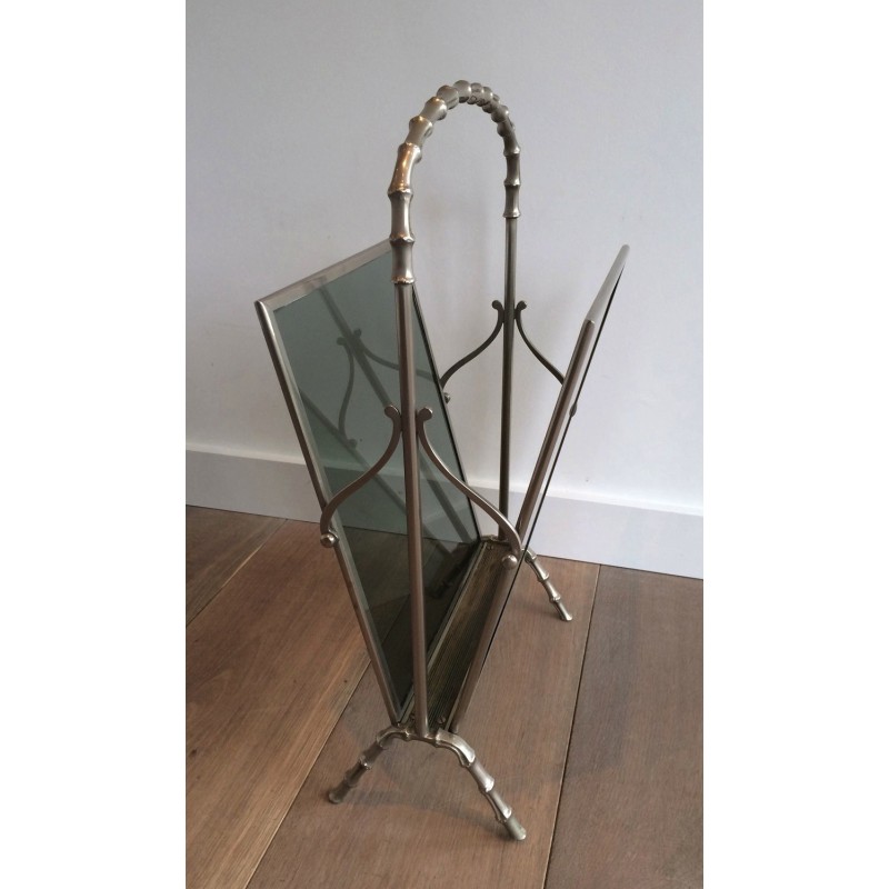 Vintage magazine rack in silvered bronze and bluish glass by Maison Baguès, France 1940s