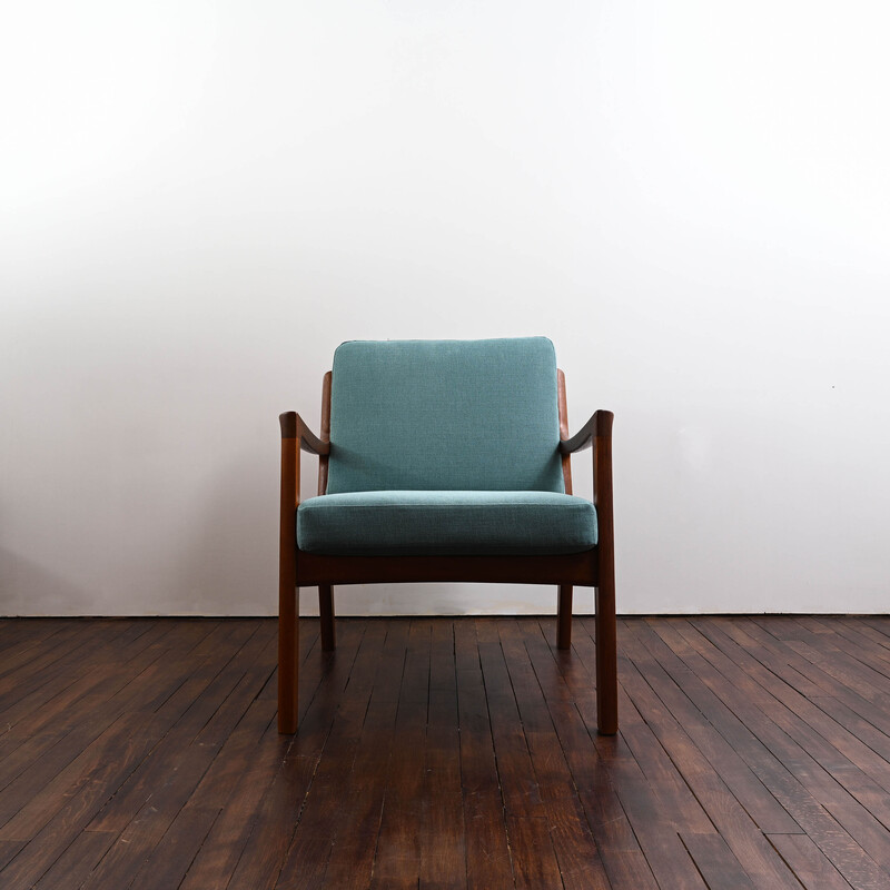 Paar vintage fauteuils in rozenhout en blauwe stof van Ole Wanscher voor Frankrijk