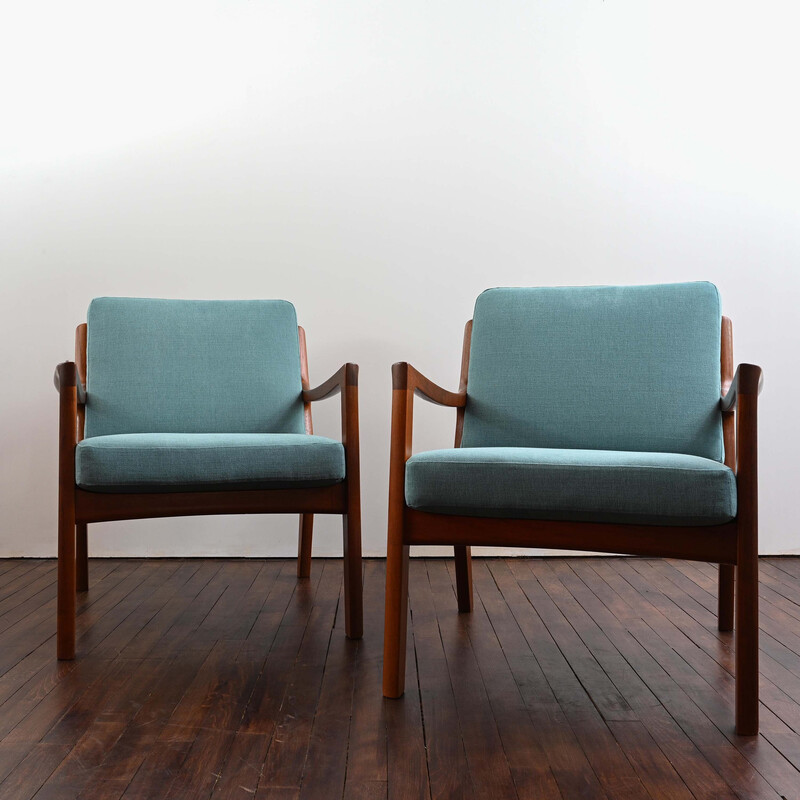 Pair of vintage armchairs in rosewood and blue fabric by Ole Wanscher for France&Son