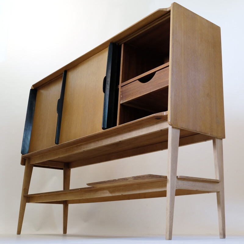 Credenza vintage in rovere e legno nero di Roger Landault per Meuble Abc, 1950