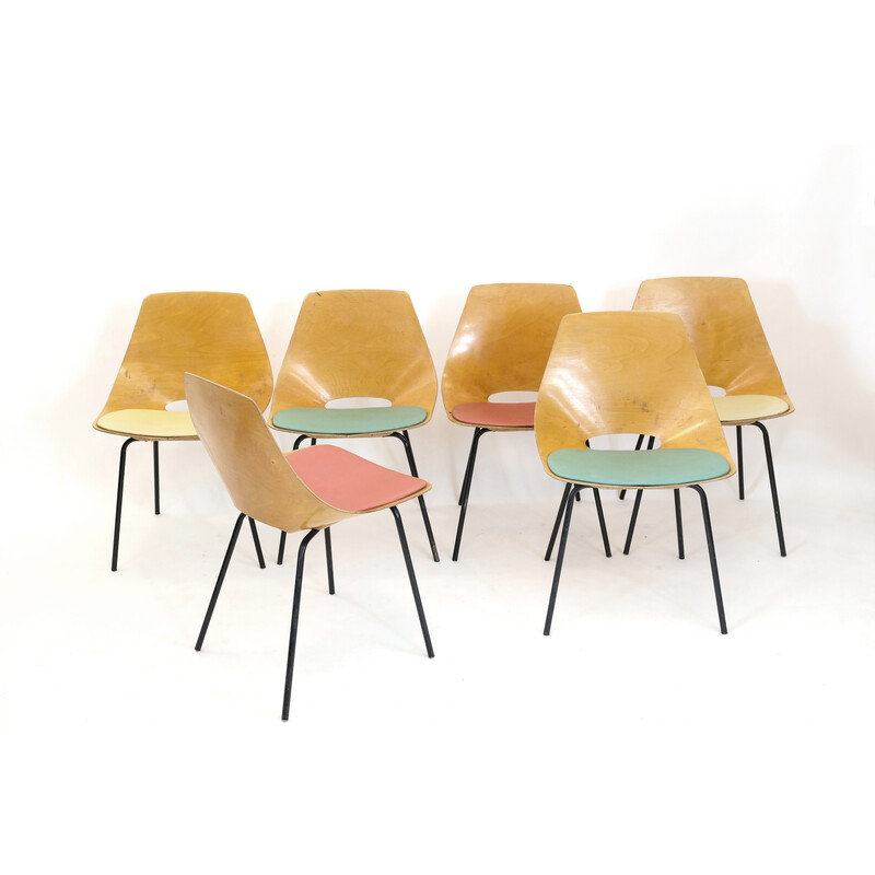 Set of 6 vintage Tonneau chairs in metal and plywood by Pierre Guariche for Steiner, 1960s