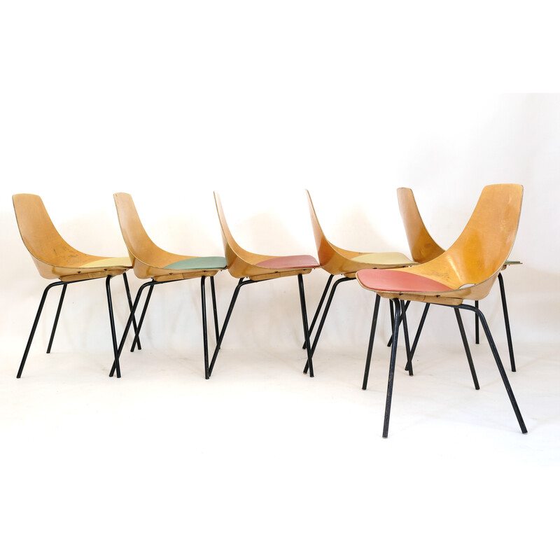 Conjunto de 6 cadeiras Tonneau vintage em metal e contraplacado de Pierre Guariche para Steiner, 1960