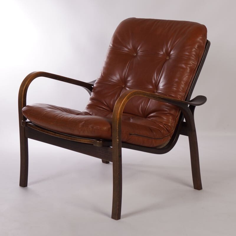 Fauteuil en cuir marron par Yngve Ekström pour Swedese - 1970