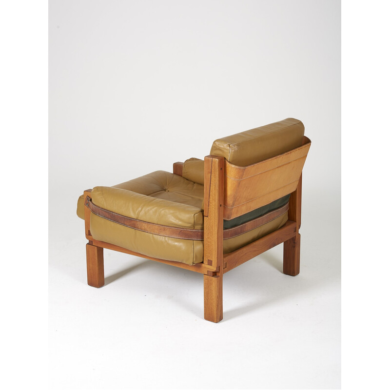 Vintage S15 iepen en lederen fauteuil van Pierre Chapo, 1960