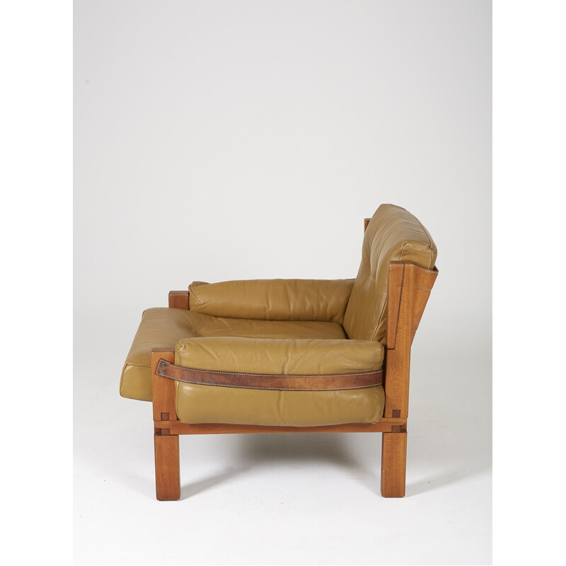 Sillón vintage S15 de olmo y cuero de Pierre Chapo, 1960