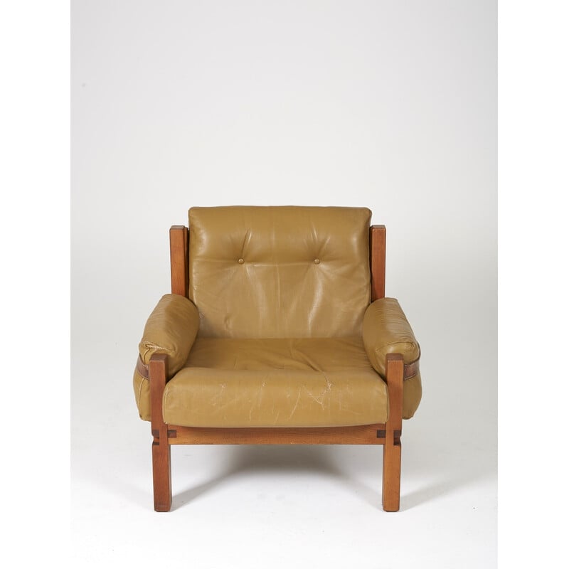 Vintage S15 iepen en lederen fauteuil van Pierre Chapo, 1960