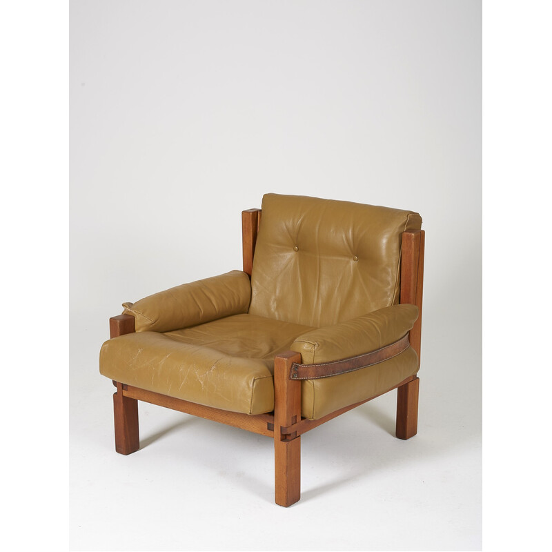 Vintage S15 iepen en lederen fauteuil van Pierre Chapo, 1960