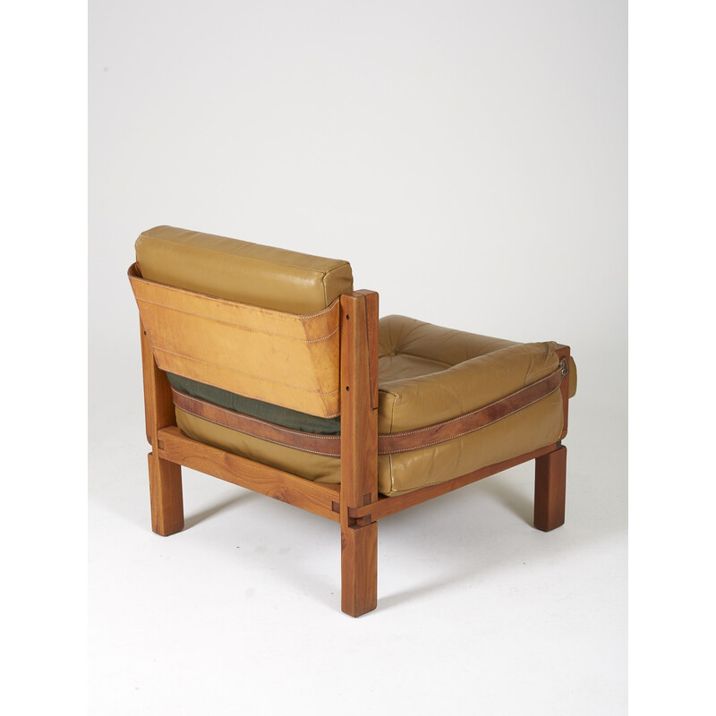 Vintage S15 elmwood and leather armchair by Pierre Chapo, 1960