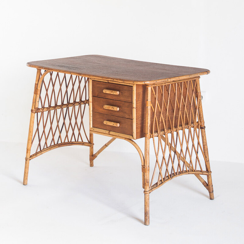 Vintage desk in cane and rattan by Louis Sognot, France 1950