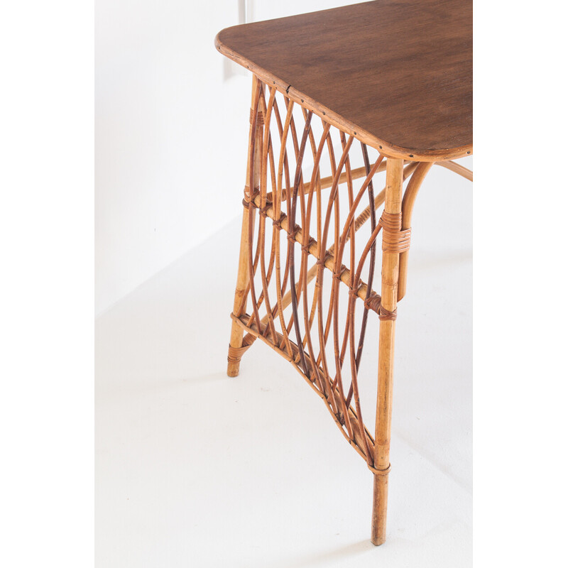 Vintage cane and rattan desk de Louis Sognot, França 1950