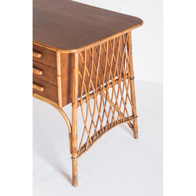 Vintage desk in cane and rattan by Louis Sognot, France 1950