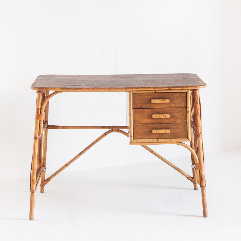 Bureau vintage en canné et rotin par Louis Sognot, France 1950