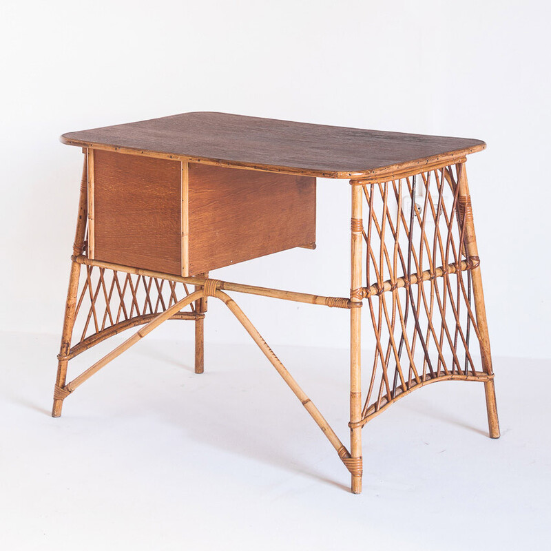 Vintage cane and rattan desk de Louis Sognot, França 1950