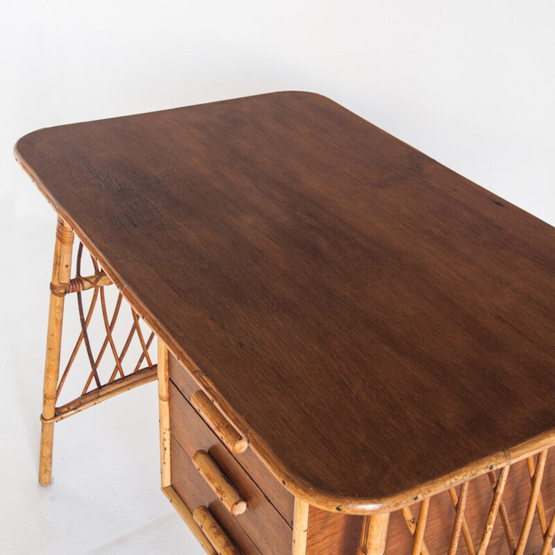 Vintage rieten en rotan bureau van Louis Sognot, Frankrijk 1950