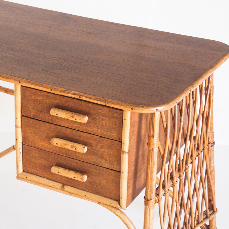 Vintage rieten en rotan bureau van Louis Sognot, Frankrijk 1950