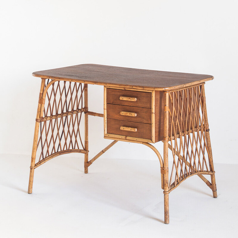 Vintage desk in cane and rattan by Louis Sognot, France 1950