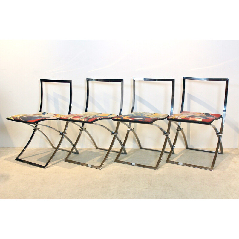 Set of 4 vintage "Luisa" chairs in chromed steel by Marcello Cuneo for Mobel Italia, Italy 1970s