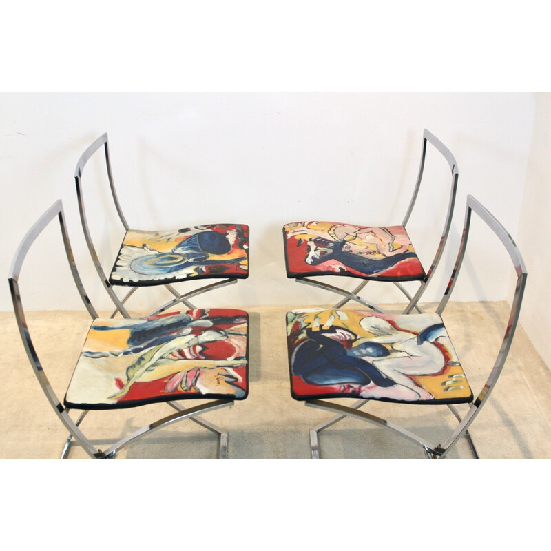 Set of 4 vintage "Luisa" chairs in chromed steel by Marcello Cuneo for Mobel Italia, Italy 1970s