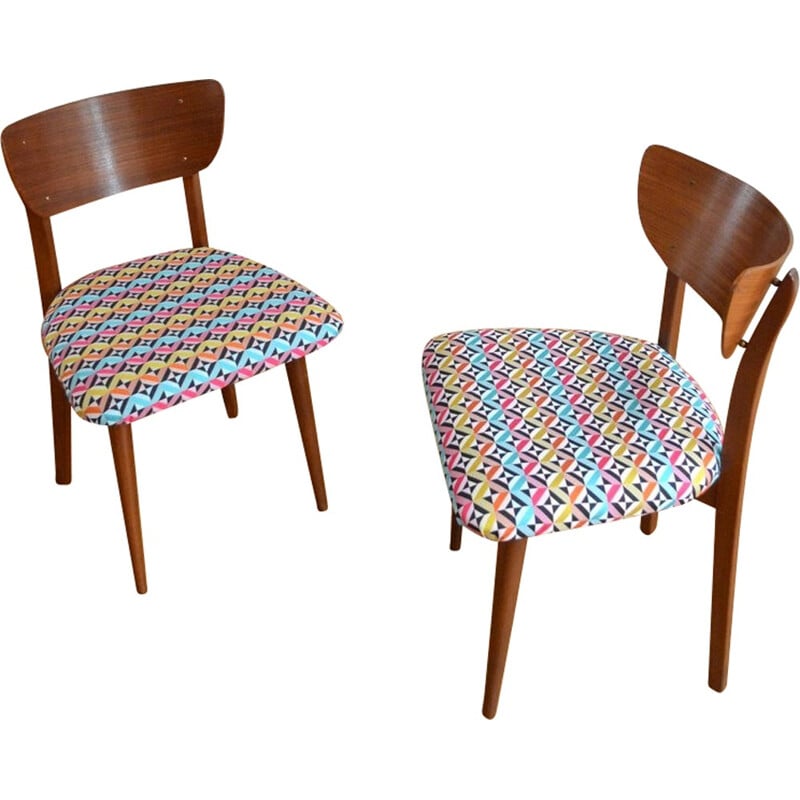 Mid-century wooden chair with a seat in tissu multicoloured - 1950s