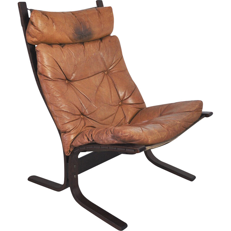 Fauteuil lounge vintage Siesta en cuir brun cognac par Ingmar Relling pour Westnofa, Norvège 1966