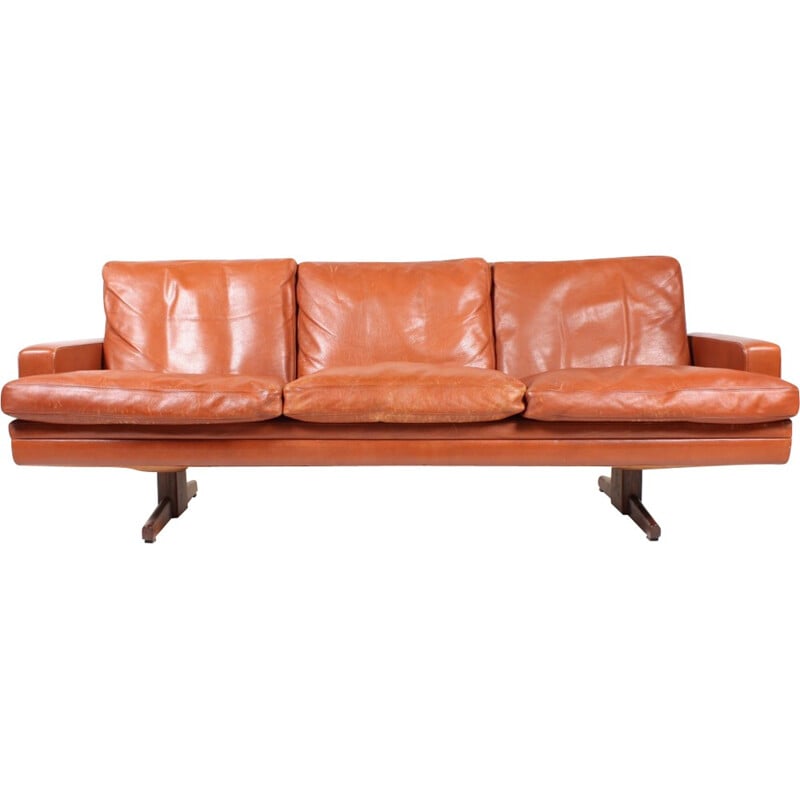 Three-Seater Brown Leather Sofa by Fredrik Kayser for Vatne Møbler - 1970s