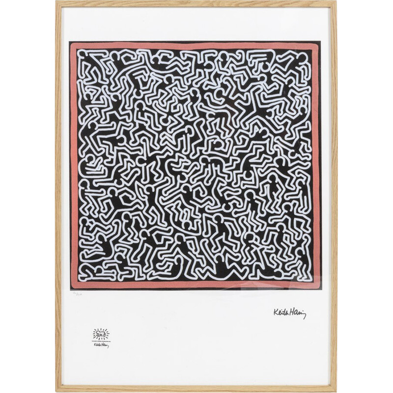 Serigrafia Vintage com moldura de carvalho por Keith Haring, América 1990