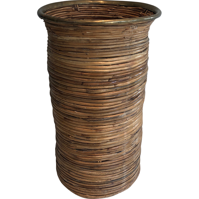 Vintage umbrella stand in rattan and brass, 1970