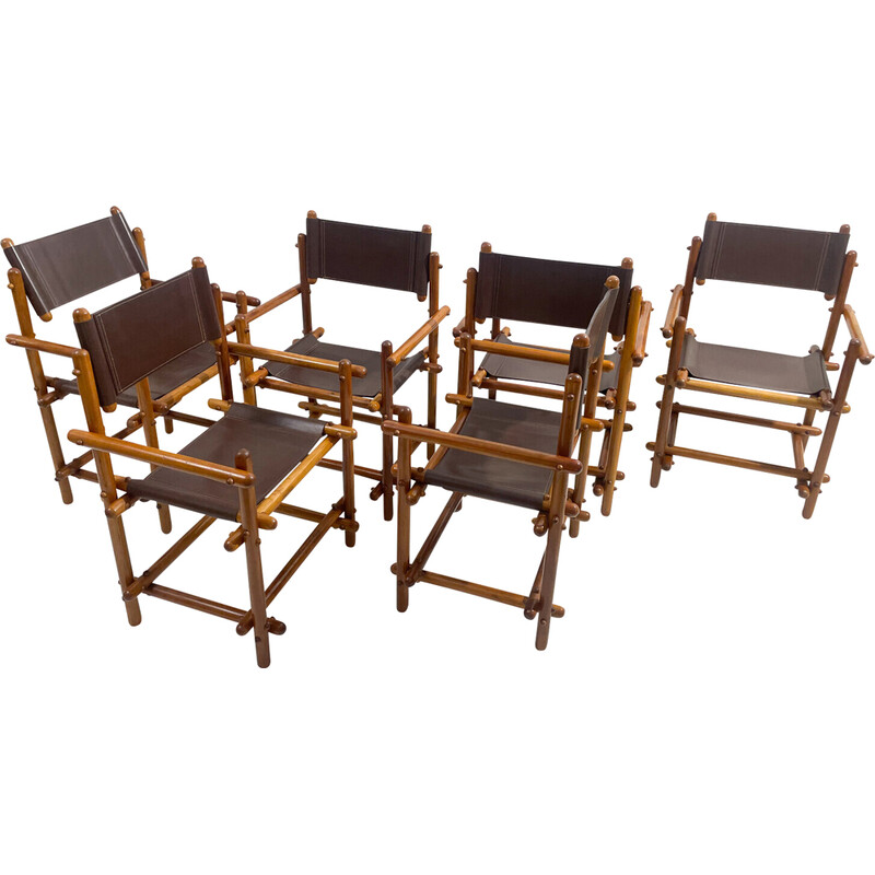 Set of 6 mid-century Italian wood and leather chairs, 1960s