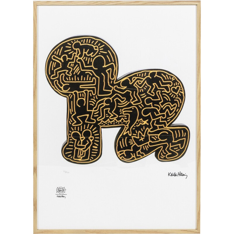 Serigrafia Vintage com moldura de carvalho por Keith Haring, América 1990