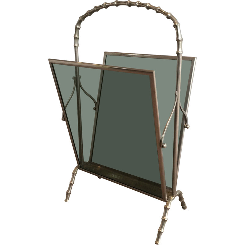 Vintage magazine rack in silvered bronze and bluish glass by Maison Baguès, France 1940s