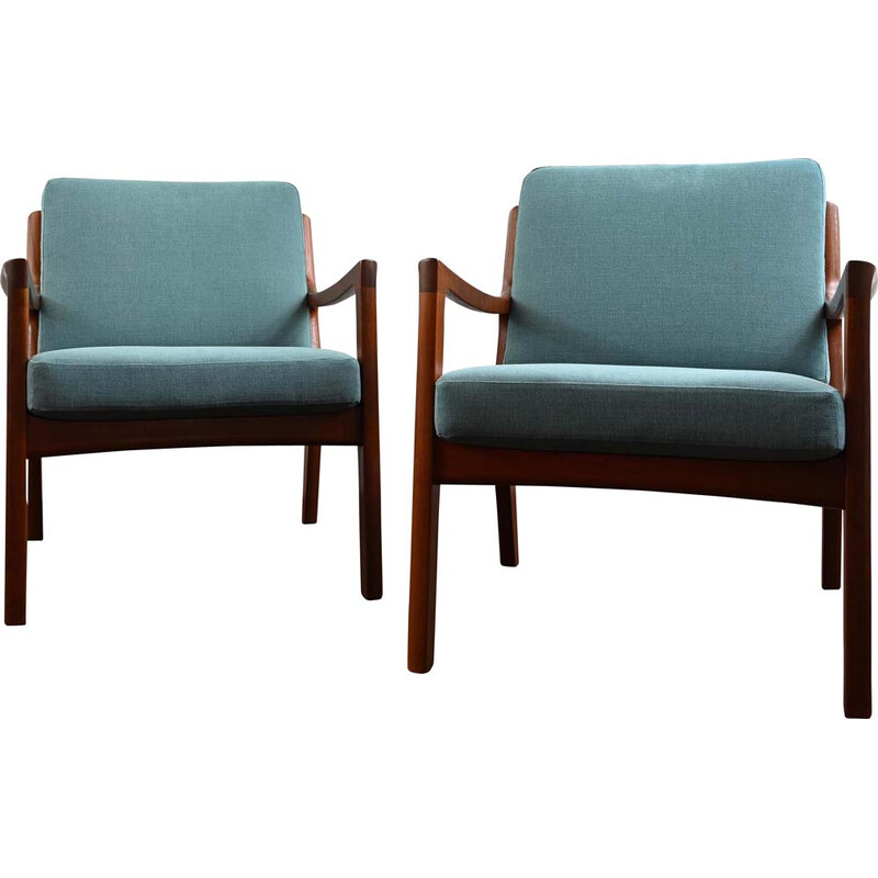 Pair of vintage armchairs in rosewood and blue fabric by Ole Wanscher for France&Son