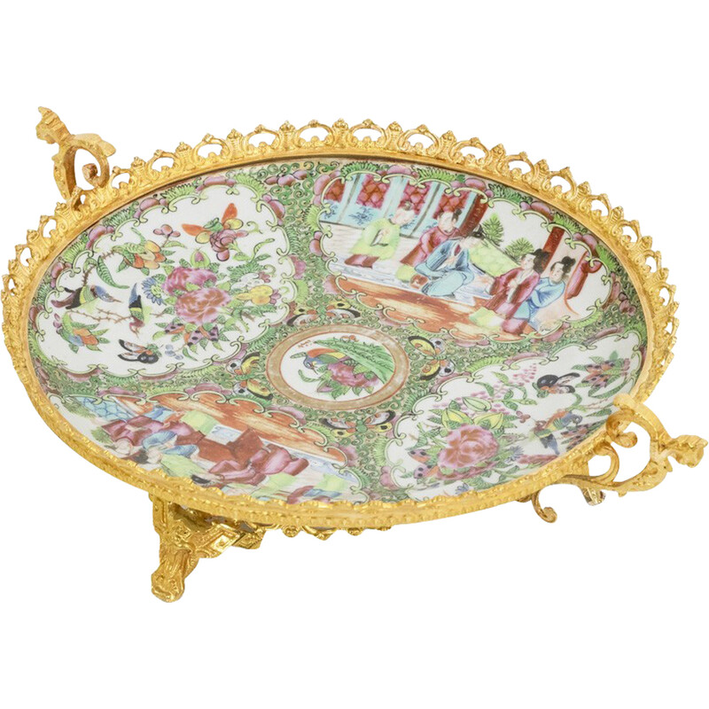 Assiette vintage en porcelaine de Canton et bronze, 1880