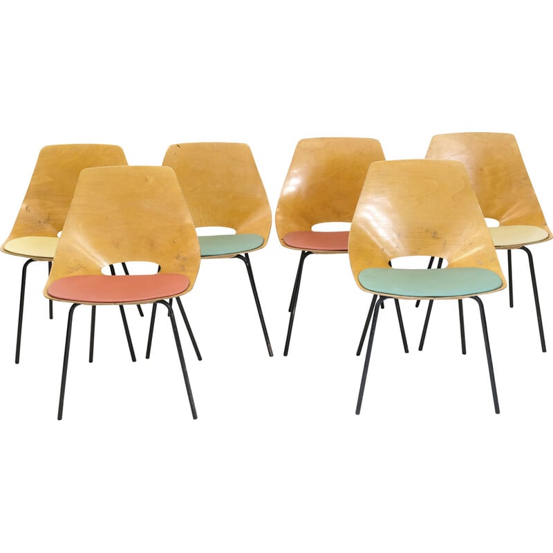 Set of 6 vintage Tonneau chairs in metal and plywood by Pierre Guariche for Steiner, 1960s