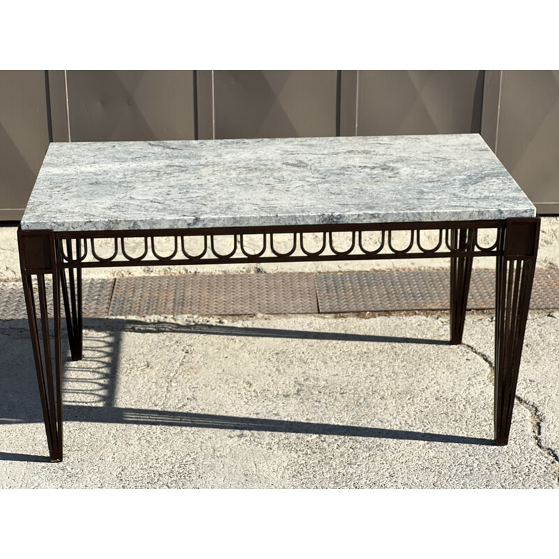 Vintage garden table and 6 chairs in twisted metal and marble, 1940