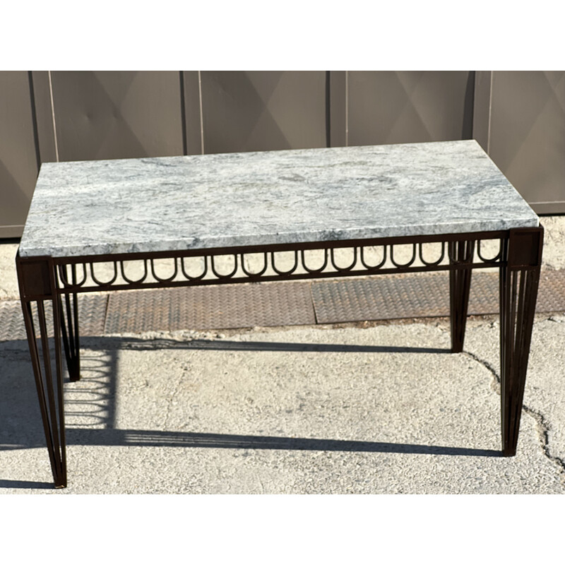 Tavolo da giardino vintage e 6 sedie in metallo ritorto e marmo, 1940
