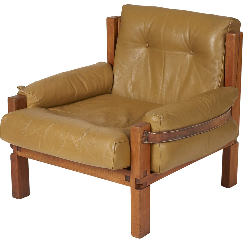 Vintage S15 elmwood and leather armchair by Pierre Chapo, 1960