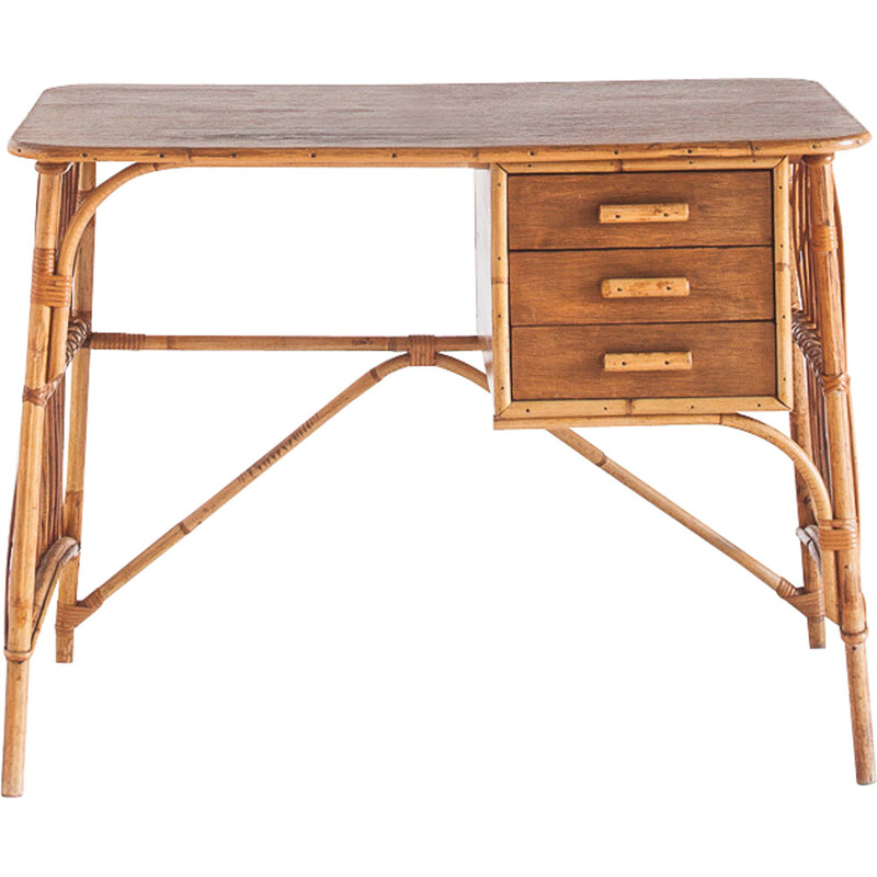 Vintage rieten en rotan bureau van Louis Sognot, Frankrijk 1950