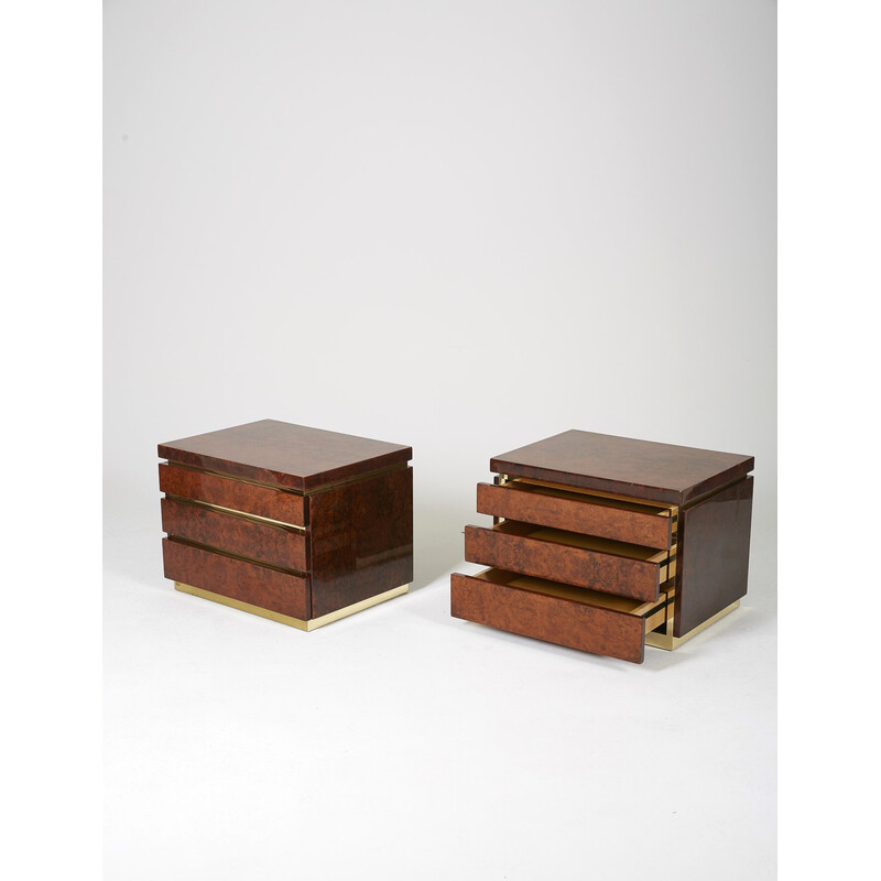 Pair of vintage night stands in elmwood burl and brass by Jean Claude Mahey, 1970s