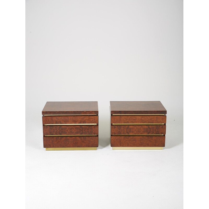 Pair of vintage night stands in elmwood burl and brass by Jean Claude Mahey, 1970s
