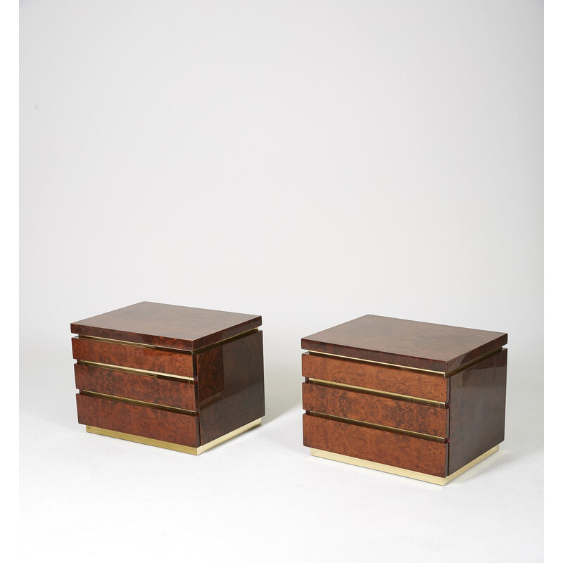 Pair of vintage night stands in elmwood burl and brass by Jean Claude Mahey, 1970s