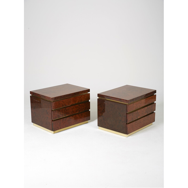 Pair of vintage night stands in elmwood burl and brass by Jean Claude Mahey, 1970s